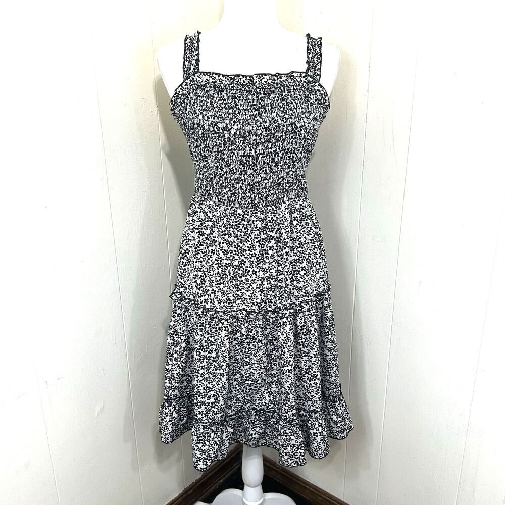 Liumilac White Black Floral Mini Dress Size S Smock Ruffle Flare Fit Dress